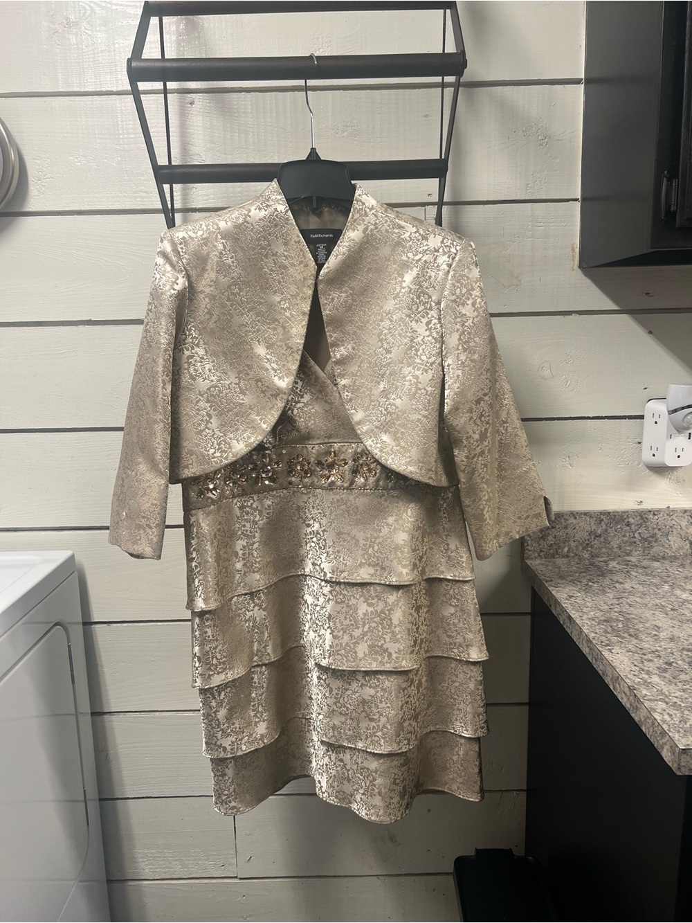 R&M Richards Beige and Metallic Gold Evening Dress Set